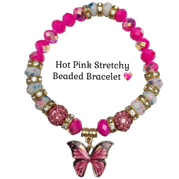 Jewelry - Hot Pink Stretchy Beaded Bracelet with Beautiful Butterfly Charm 🦋